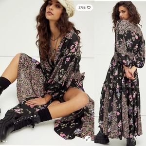 Free People Black Floral Maxi Dress with Pink and Purple Blossoms